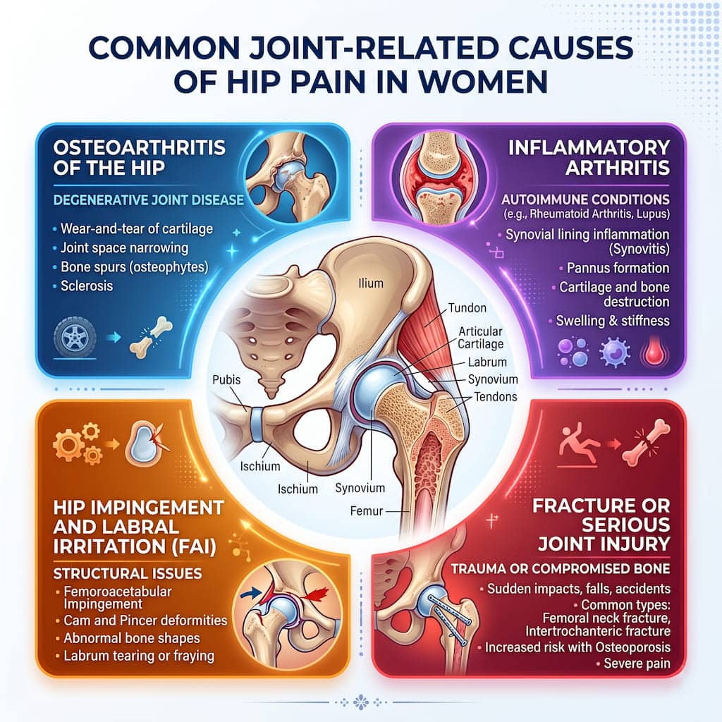 common hip pain in woman (joint related causes)