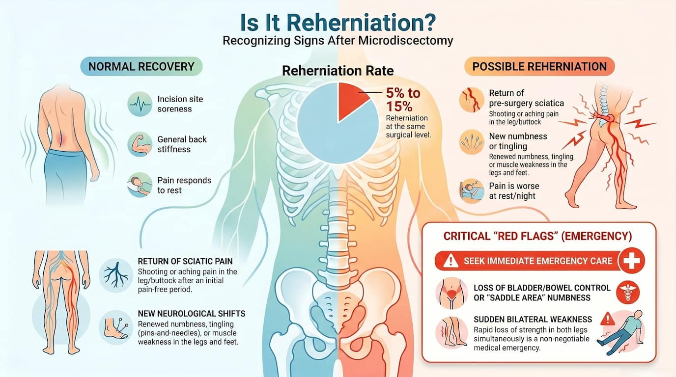 Reherniation vs. Normal Recovery Pain: How to Tell the Difference After Microdiscectomy
Recovering from a microdiscectomy surgery? Understanding the difference between normal recovery pain and possible reherniation is crucial to avoid unnecessary worries.
🔹 Normal Recovery: Some soreness around the incision site, low-back stiffness, or fatigue is normal. Gradual improvement and relief with rest are good signs of healing.
🔹 Possible Reherniation: If leg pain or sciatica returns, or if you experience numbness, tingling, or weakness, it could be a sign of reherniation. Pain that worsens at rest or night may require closer attention.
Have you noticed any changes after your surgery?
If you’re unsure about your recovery or are experiencing new symptoms, don’t hesitate to reach out. Our experts are here to provide you with a FREE consultation and help guide you through your recovery journey.
📞 Call us now for your free consultation
We’re here to answer all your questions and provide professional advice tailored to your needs! infographic